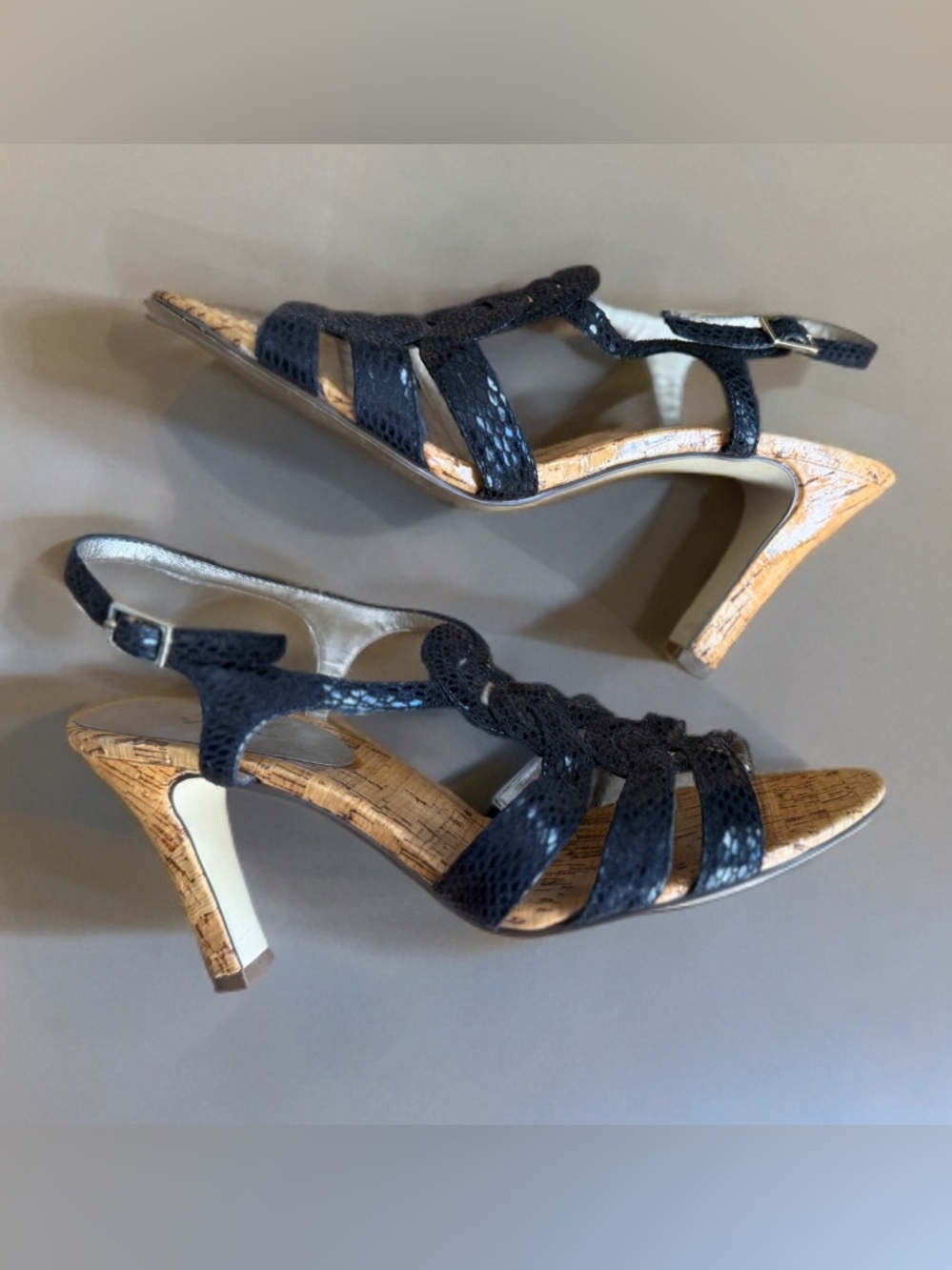 Touch of Nina Black Snakeskin Embossed Strappy Cork-Heel Sandals